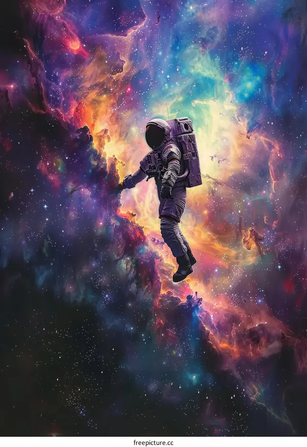Astronaut in Space Suit Floating Through Nebula