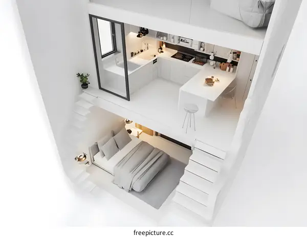 Modern Minimalist Loft Apartment Interior Design with White Walls and Grey Bed