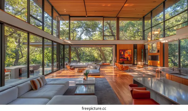 Modern Open-Plan Living Area with Forest Views