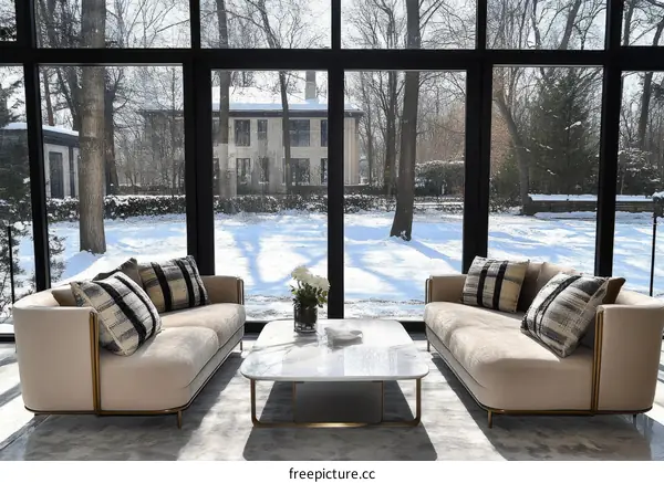Modern Beige Sofa with Snowy Landscape View