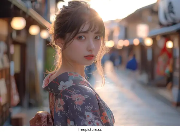 Asian Woman in Kimono at Sunset in Japan