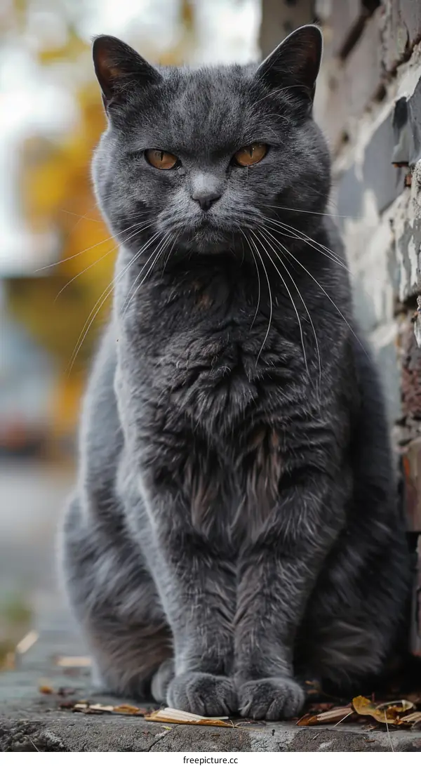A gray cat is sitting on the ground in front of a brick wall