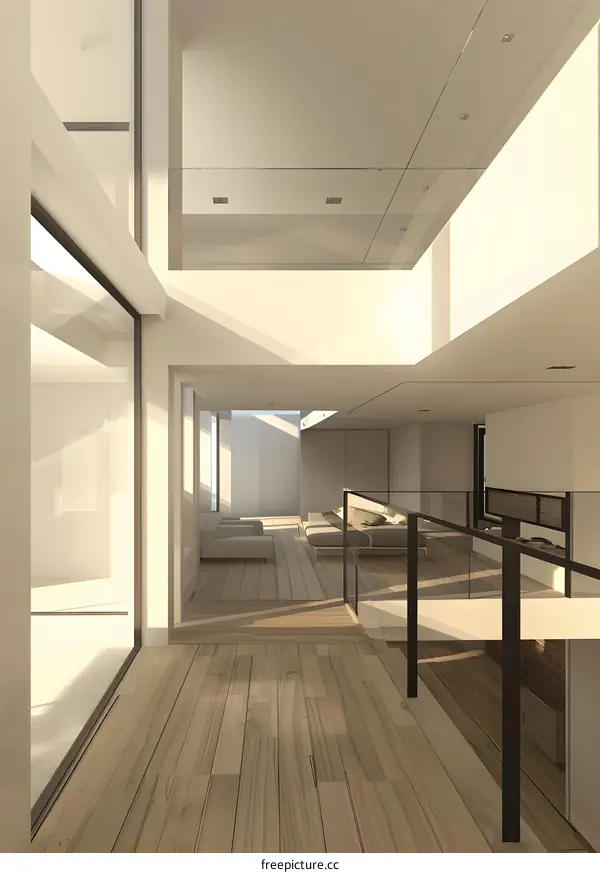 Modern Interior Design With Wooden Floor and Glass Railing