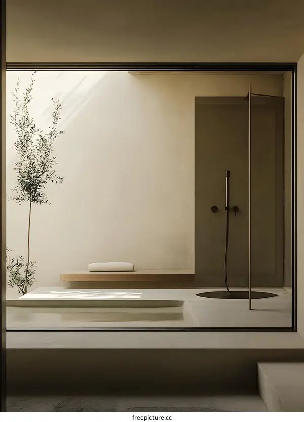Minimalist Bathroom Interior Design With Shower And Plants