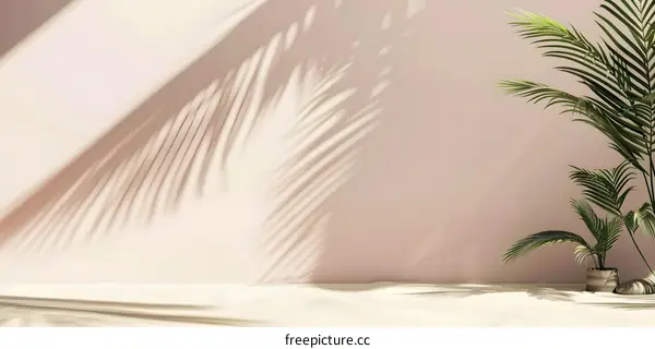 Palm Leaf Shadow On Peach Wall Background