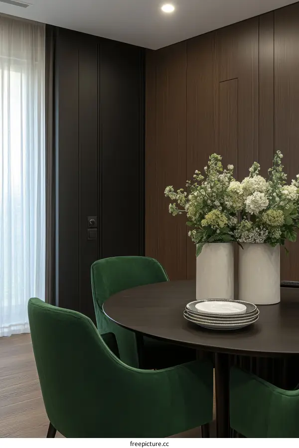 Modern Dining Area with Dark Wood and Emerald Green Accents