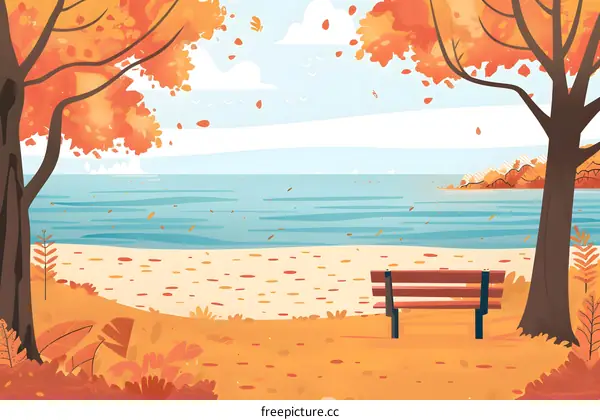 Autumn Landscape Illustration with a Bench by the Lake
