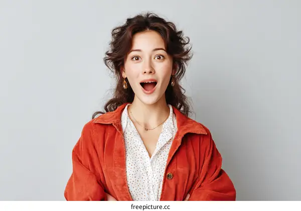 Surprised Asian Woman in Orange Jacket