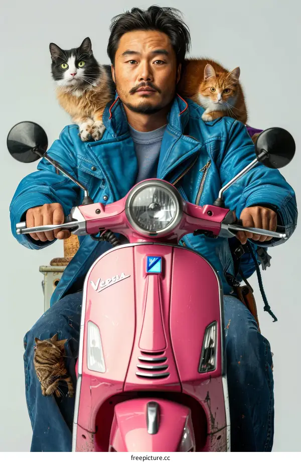Asian Man with Three Adorable Cats Riding on a Pink Vespa