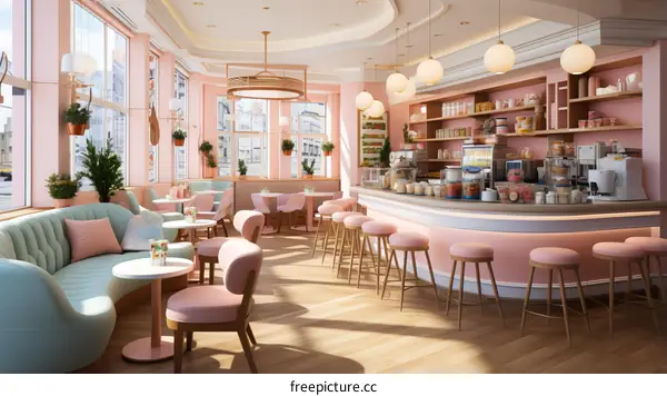 Pink Cafe with Curved Bar and Mint Green Accents
