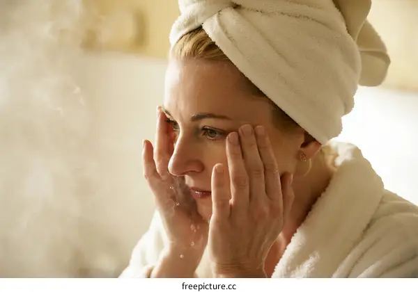 Woman with towel on head doing skincare steaming at home