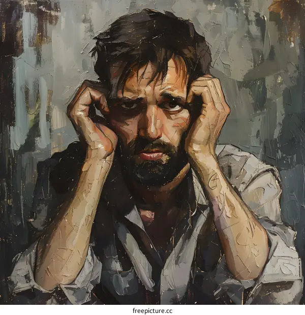 Portrait of a man with a beard and his hands on his head