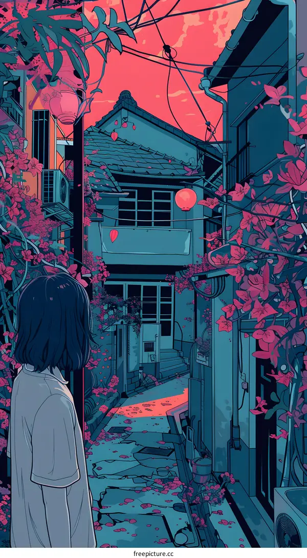 Woman Looking Down Alleyway in Japanese City