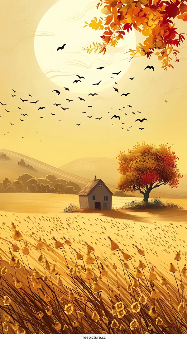 Autumn Landscape with Barn and Flying Birds