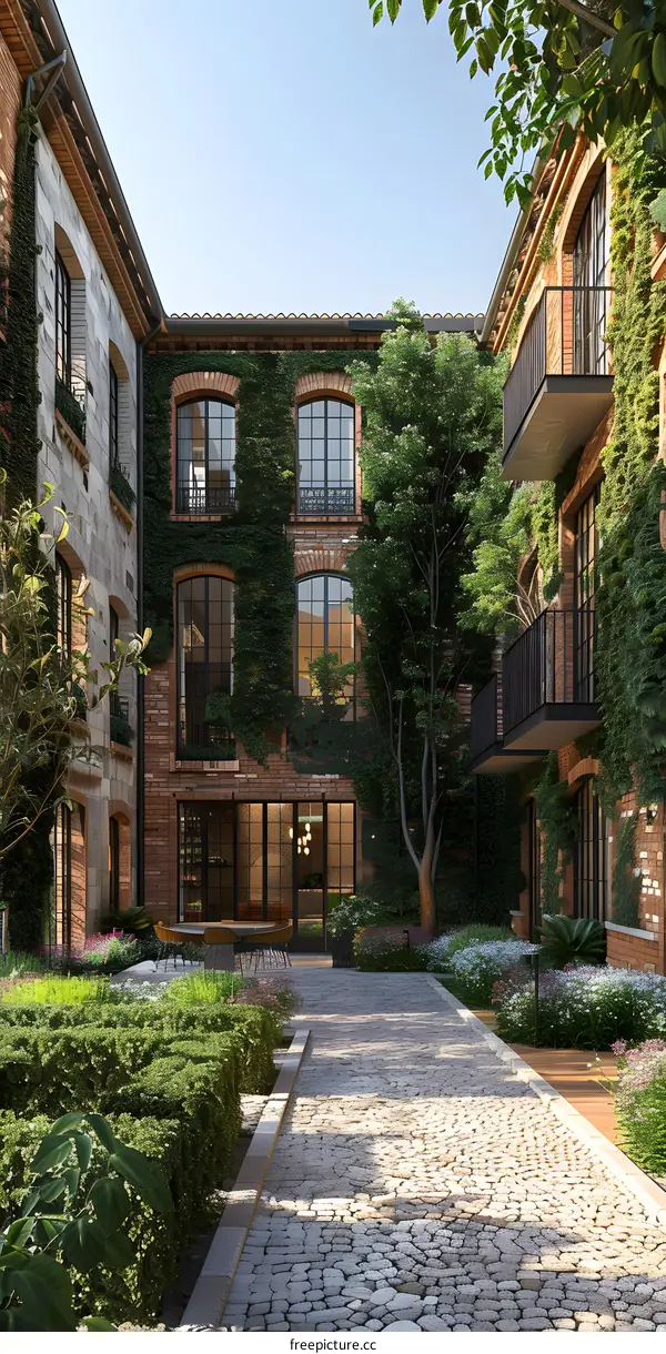 Courtyard of a residential building with brick walls and a lot of greenery