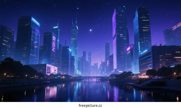 Night view of futuristic city with tall buildings and reflective river