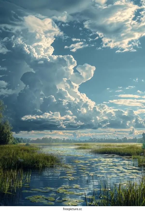 A Serene Lakeside Paradise with White Clouds and Blue Sky