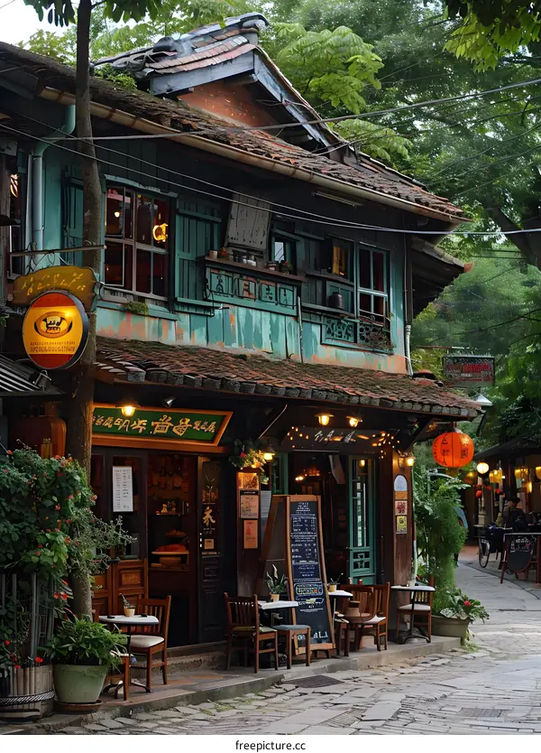 Old Traditional Chinese Shop with Lanterns and Stone Pavement in a Small Town