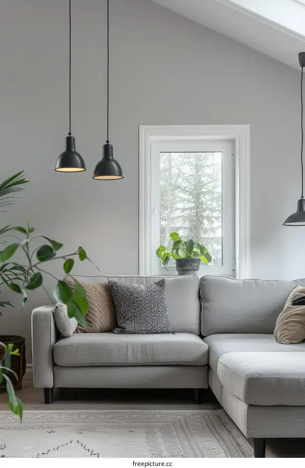 A living room with a gray sofa, plants, and a window