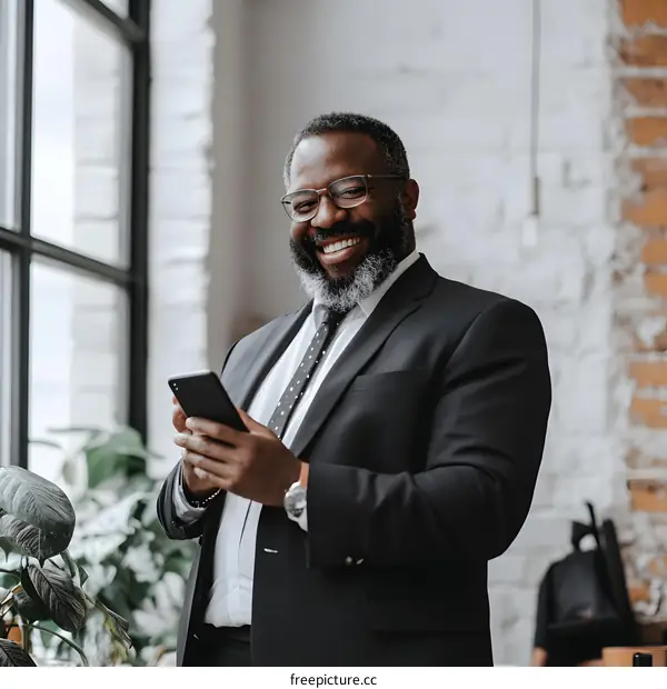 Smiling African American Businessman Uses Smartphone While Looking at Camera