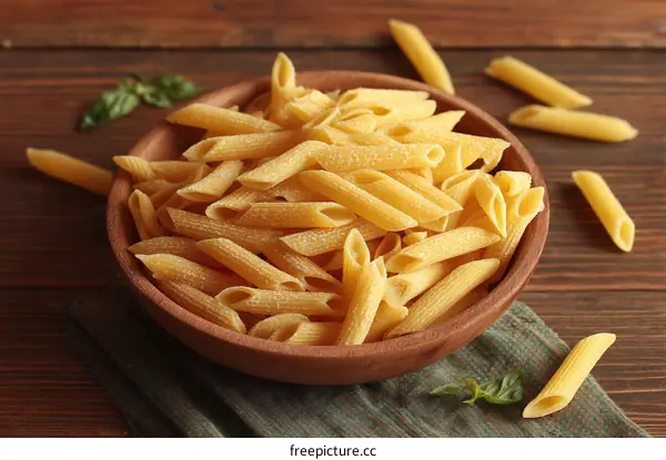 Wooden Bowl of Uncooked Penne Pasta on Wooden Table