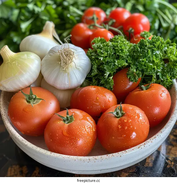 A bowl of fresh organic vegetables including tomatoes, onions, and parsley