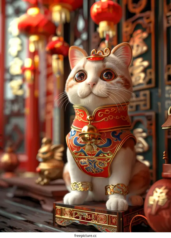 A cute cat in Chinese costume sitting on wood