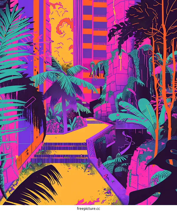Neon City Jungle Pathway Illustration