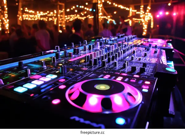 DJ Equipment with Partygoers Background