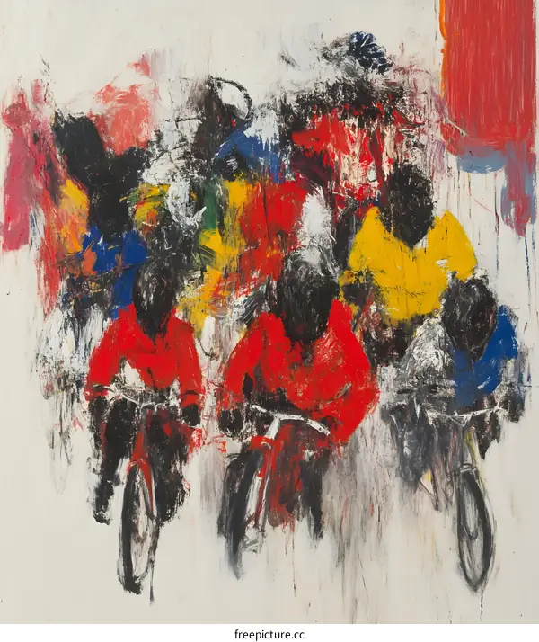 Abstract Painting of Cyclists in Motion