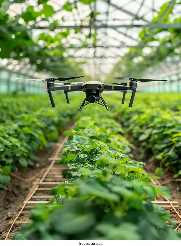 Drone Soaring over a Verdant Field of Crops