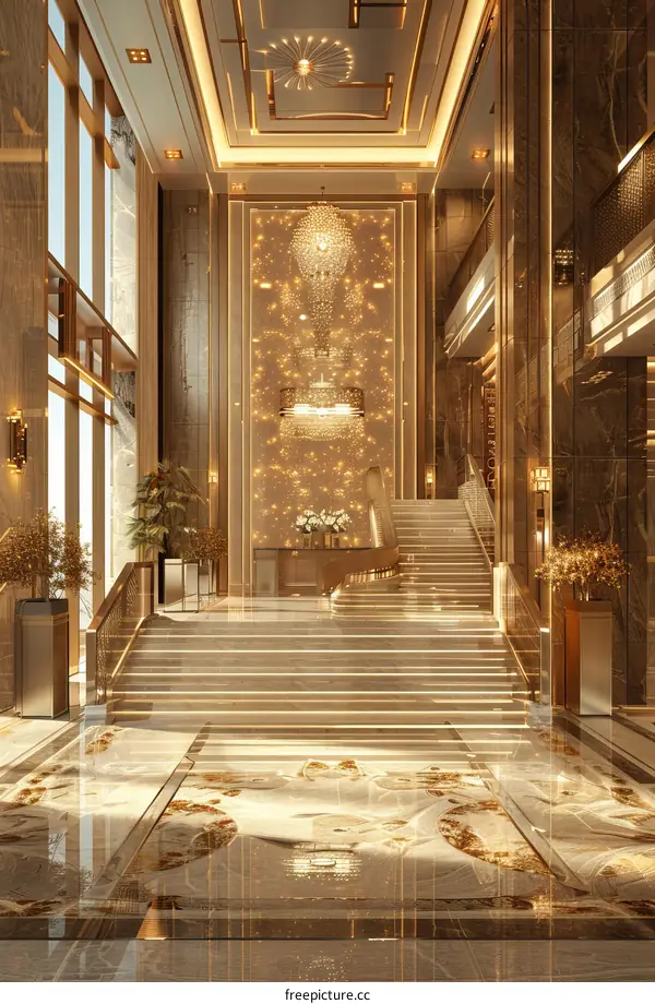 Impressive Upscale Hotel Lobby Staircase with Ornate Accents