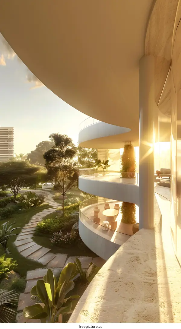 The sun shines through the floor-to-ceiling windows and brightens the interior space