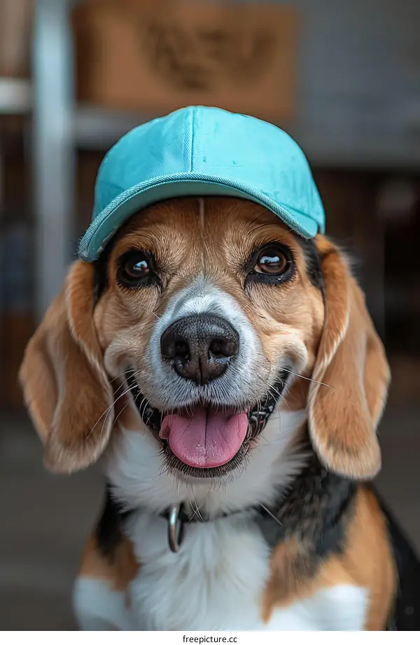 Cute Beagle Dog Wearing a Blue Hat