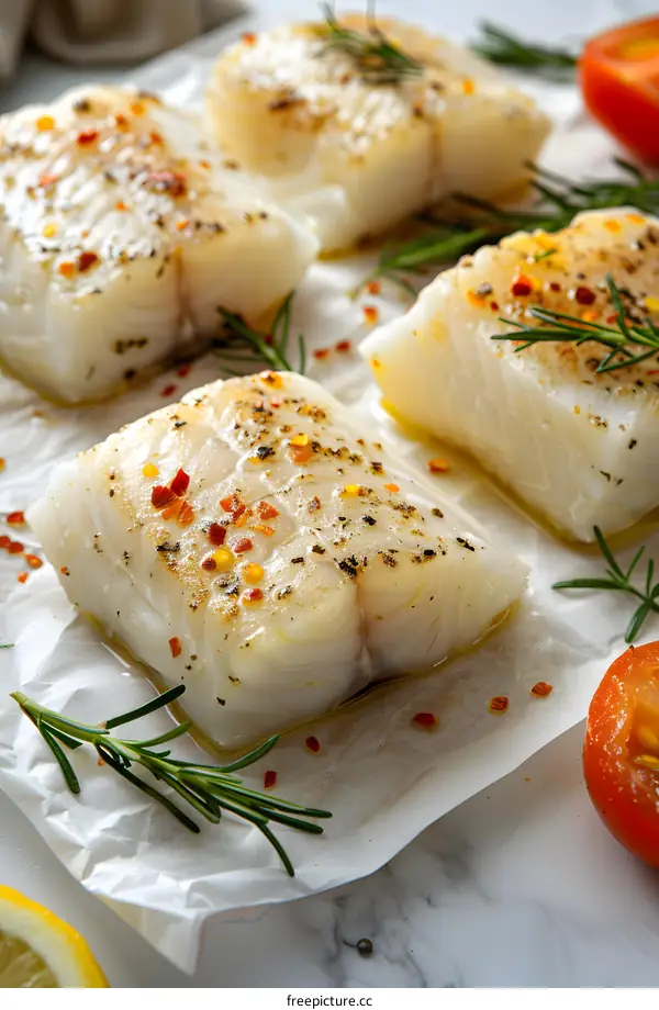 Raw cod fish fillet with spices and herbs