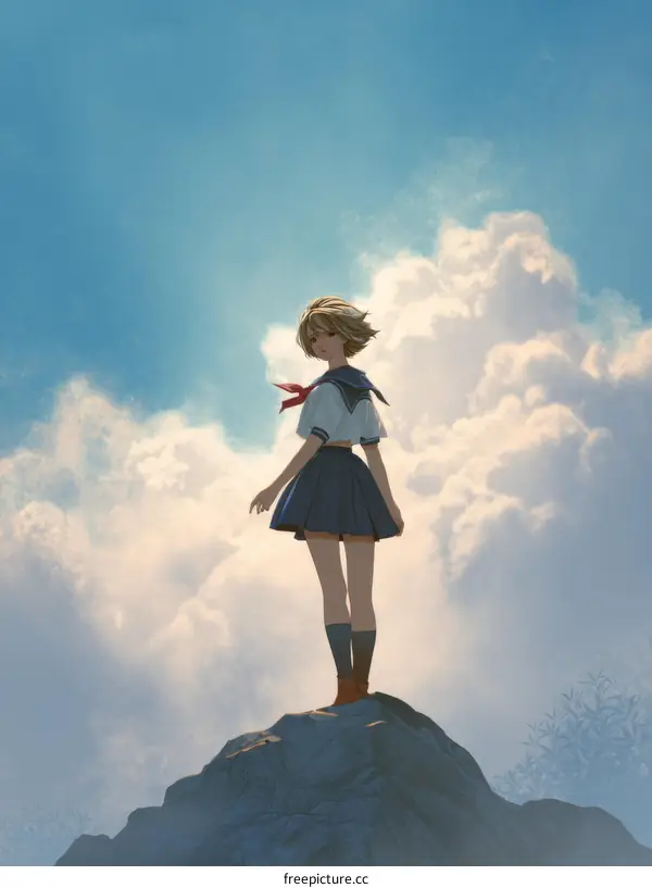 A Girl in School Uniform on a Mountaintop Under a Sky of Clouds