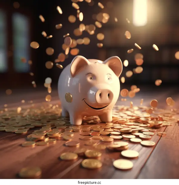 Pink Piggy Bank with Falling Coins on Wooden Table