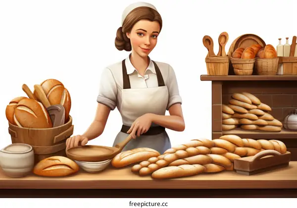 Cheerful female baker in a white apron and cap stirring dough in a wooden bowl at a bakery