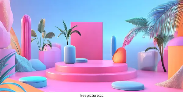 Abstract Colorful 3D Illustration with Palm Trees and Geometric Shapes