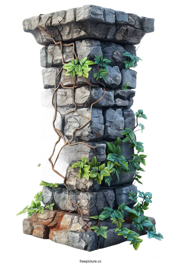 [Transparent Background PNG]Ancient Stone Pillar Overgrown with Vines