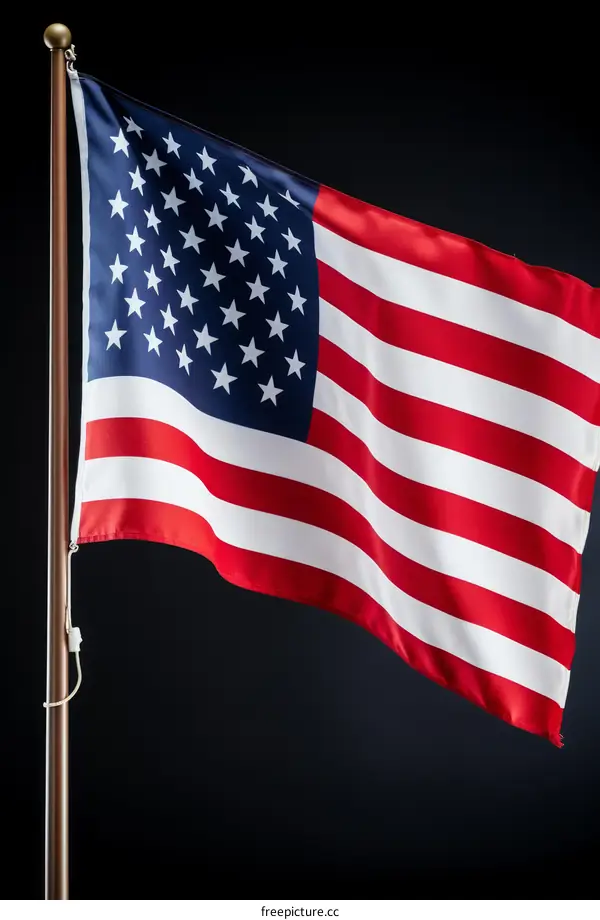 Close up of American flag waving on flagpole against black background