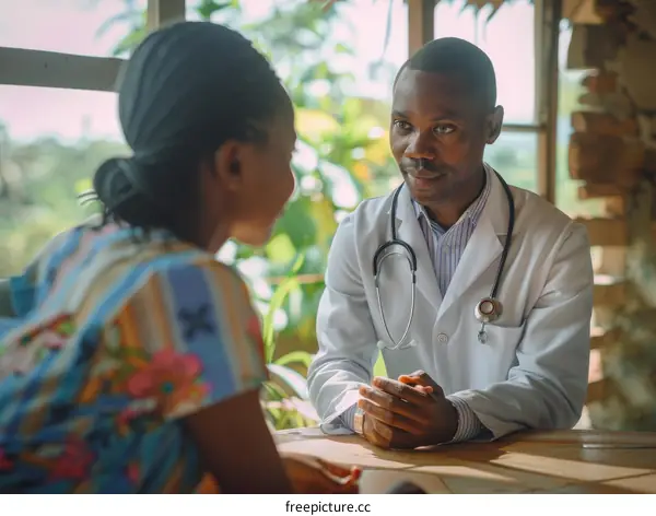 A healthcare worker talking to a patient in a rural clinic in Africa