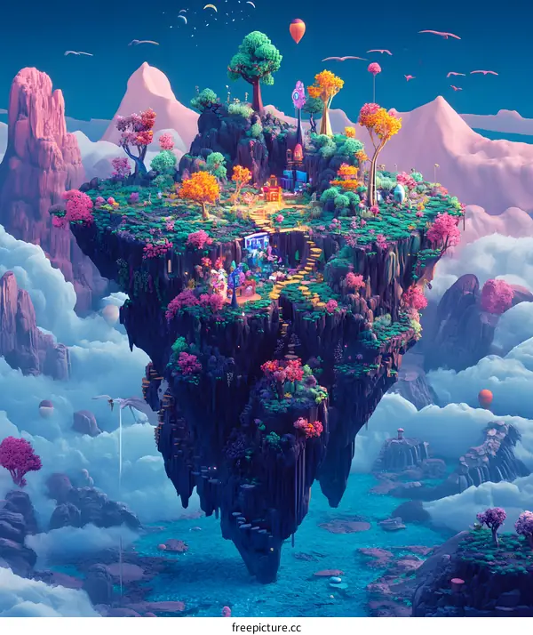 Fantasy Floating Island with Colorful Trees and Structures