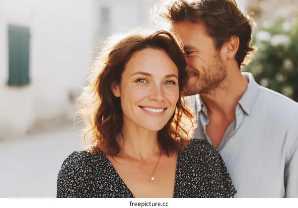 Happy couple standing close together outdoors in sunny day