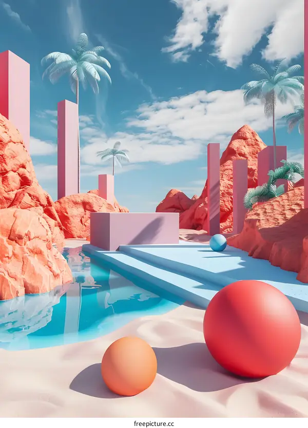 Abstract Pink and Blue 3D Illustration of a Tropical Landscape with Palm Trees