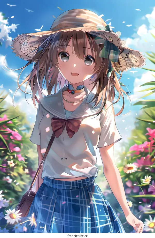 Smiling Anime Girl in Summer Outfit Walking Through a Garden