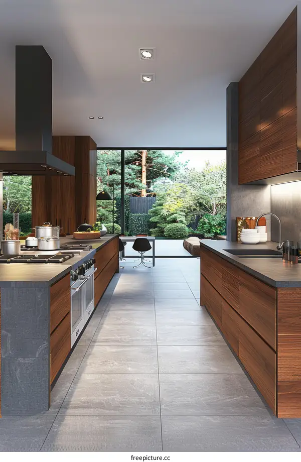 Modern Minimalist Kitchen with Wood Cabinets and Stainless Steel Appliances