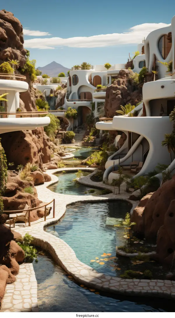 Futuristic resort hotel complex with pools and walkways