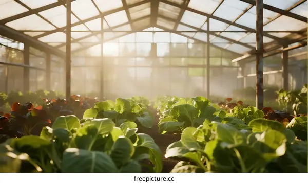 Sunlit Greenhouse with Lush Vegetable Seedlings Growing