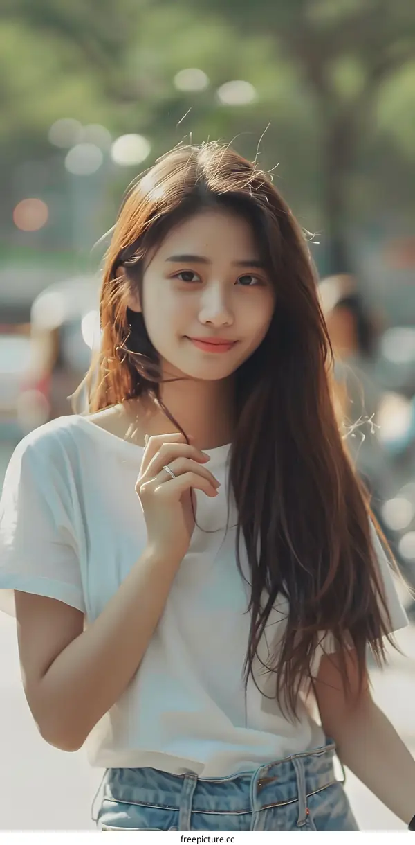 Young Asian Woman with Long Brown Hair Wearing a White T-Shirt and Blue Jeans